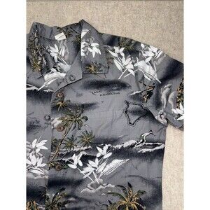 Palmwave Gray Hawaiian Short Sleeve Button Down Shirt Trees Waves Mens Small